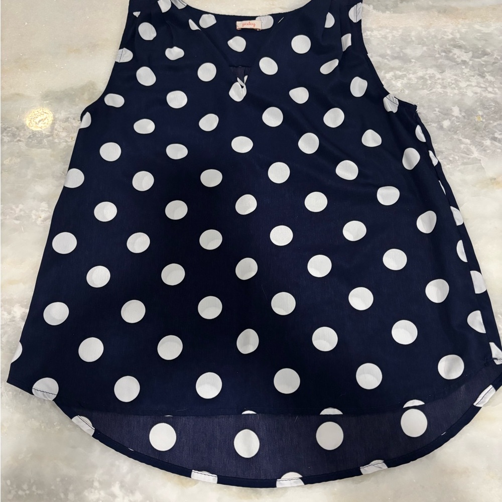 Pixley Navy & White Polka Dot Sleeveless Blouse Notch Neck Small